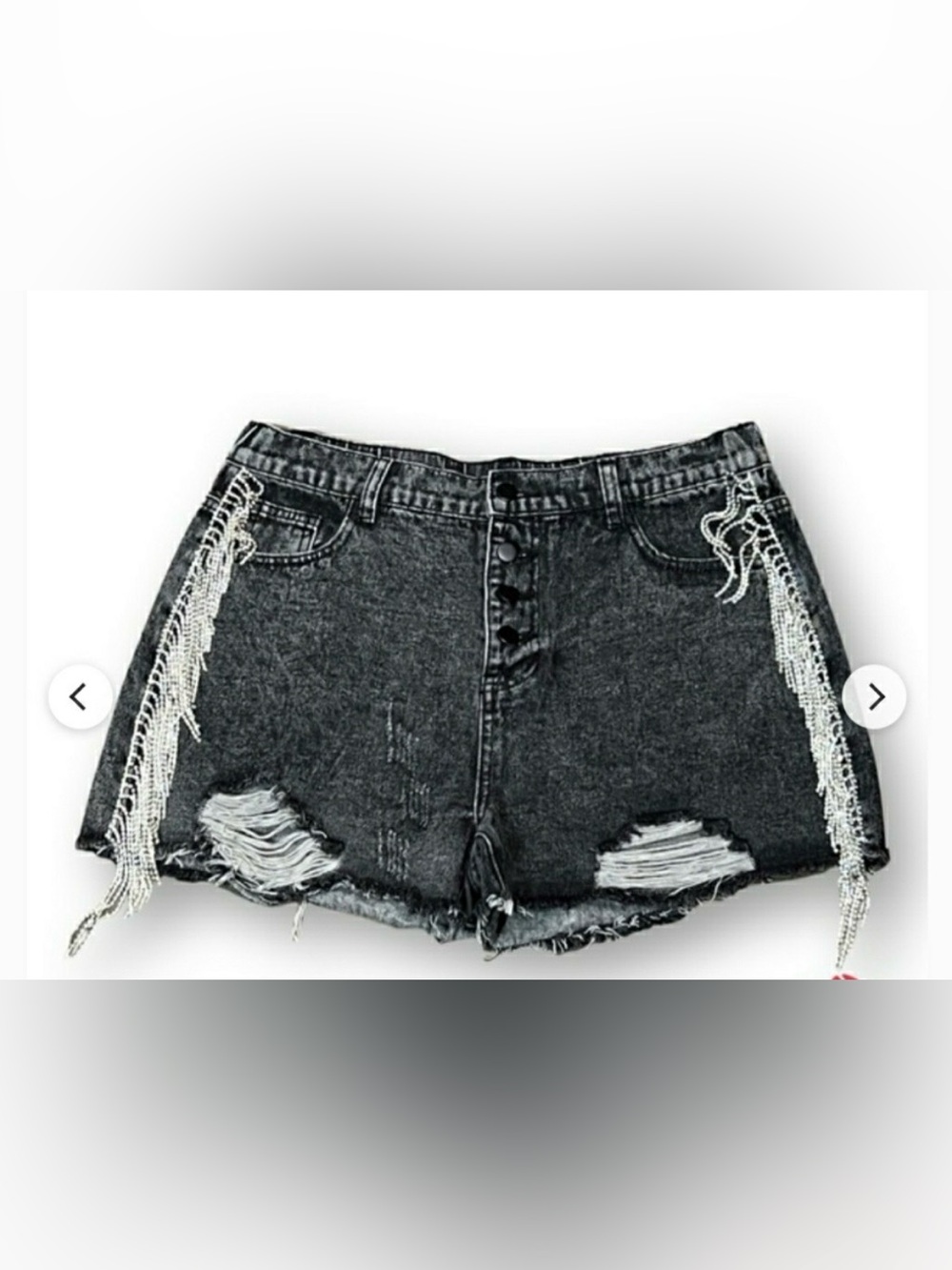 SAVANNAH JANE RHINESTONE FRINGE DISTRESSED BUTTON FLY DENIM SHORTS